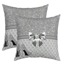 2pcs Bohemian Style Geometric Shiny Beaded Pattern Pillow Covers, 45x45cm, Polyester Luxury Silver & Black Translucent Beads, Zipper Closure, Farmhouse Decor Cushion Covers Suitable For All Room Types, Machine Washable - Pillow Insert Not Included, All Season Decorative Pillows - Multicolor - View 5