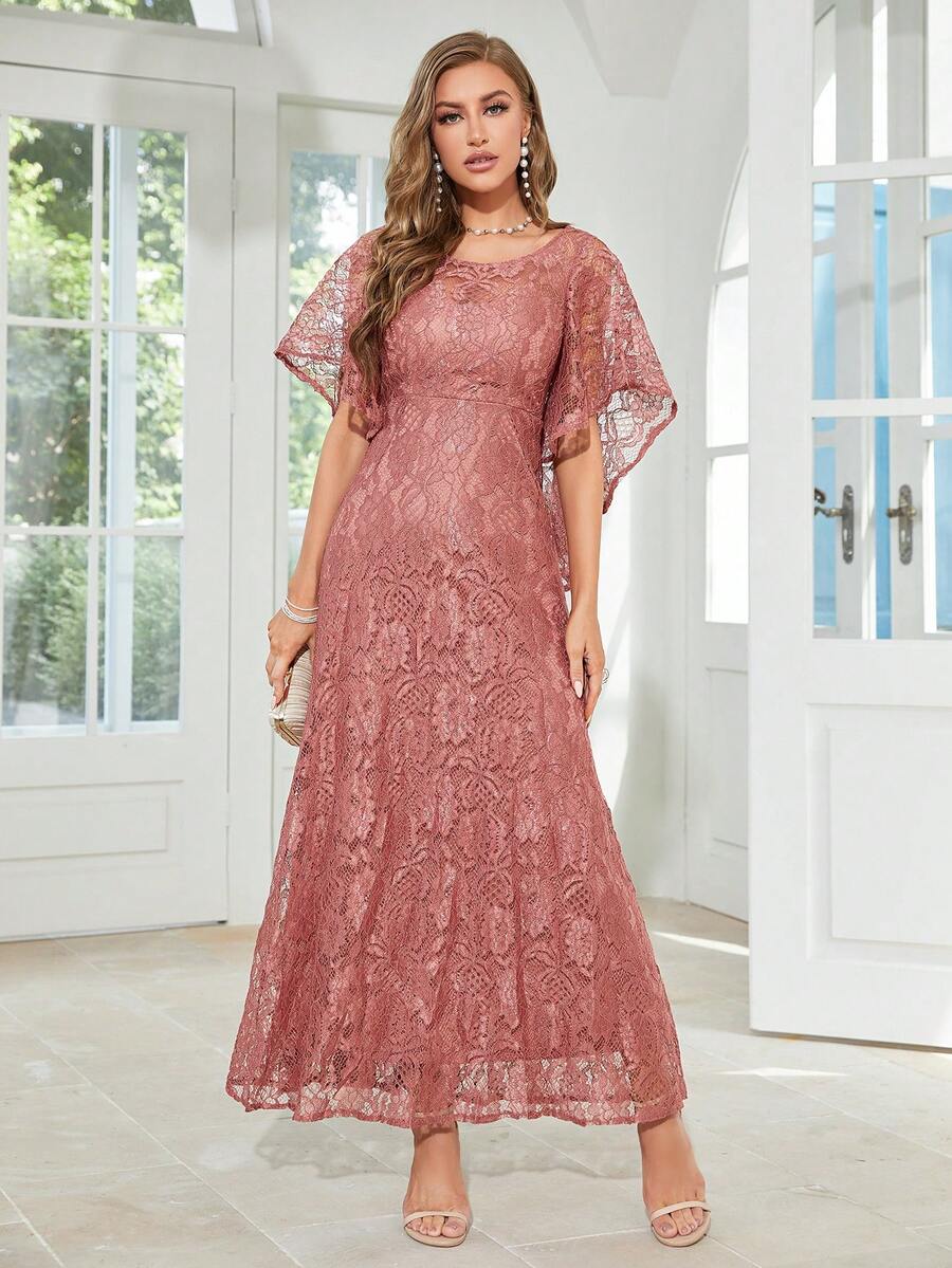 Women's Round Neck Flare Sleeve Lace Ruffle Hem Flowy Bridesmaid Wedding Dress - Redwood - View 1