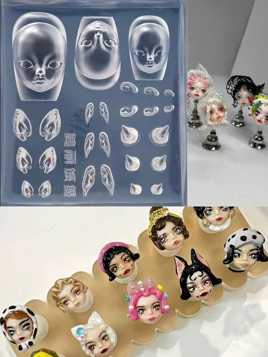 1 件硅胶美甲模具，娃娃头，精灵耳朵 3D 模型，美甲配件 DIY，精致透明指甲模具 - 無色 - 查看 1