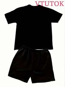 (2PC)VTUTOK Men's T-Shirt And Shorts Set With Printed Round Neck Short Sleeved Top, Casual T-Shirt And Drawstring Waist Shorts Set IT IS WHAT IT IS - màu đen - Xem 2