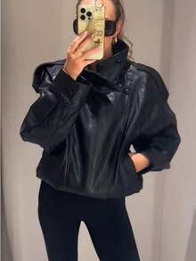 Women's Black PU Leather Jacket, Long Sleeve Zip-Up Bomber Jacket, Autumn/Winter Outerwear, Street Style