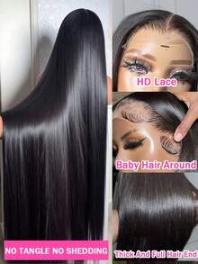 自然黑假发,真人前额发丝,200%密度,13x4高清蕾丝前假发,预先拔毛,女士直发假发,骨直混合发丝,带婴儿绒毛,28英寸 - 黑色 - 查看 5