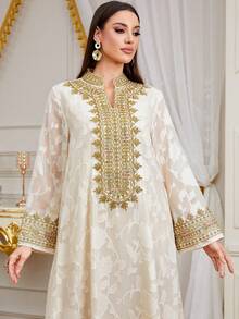 Abito da donna con scollo a V ricamato, elegante per la celebrazione di Eid Al-Fitr e Eid Al-Adha in primavera - Albicocca - Visualizzare 3