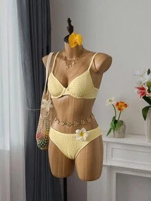 Bellisia Solid Color Bikini Set With Underwire, Shirred, Soft Cup, Suitable For Beach Vacation For Summer
