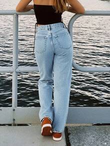 Women's Casual Long Straight Leg Denim Jeans With Washed Look Pockets And Zipper Closure Non-Stretch Fabric For Everyday Wear