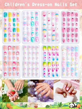 8pcs Kids Nail Salon Set, Macaron Color Cartoon False Nails 1 Set 24pcs, Colorful Cute Gradient Pattern Nail Stickers, Suitable For Girls Nail Art DIY Home Party Birthday Gift