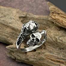 1 pieza Anillo único de acero inoxidable con doble calavera de moda, adecuado para regalar a amigos, colegas, padres, novio/novia, parejas - Plateado - Ver 10