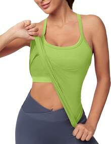 Workout Tops Women With Built In Bra, Sleeveless Gym Tops Seamless Racerback Athletic Yoga Shirts, Activewear - 萊姆 - 查看 1