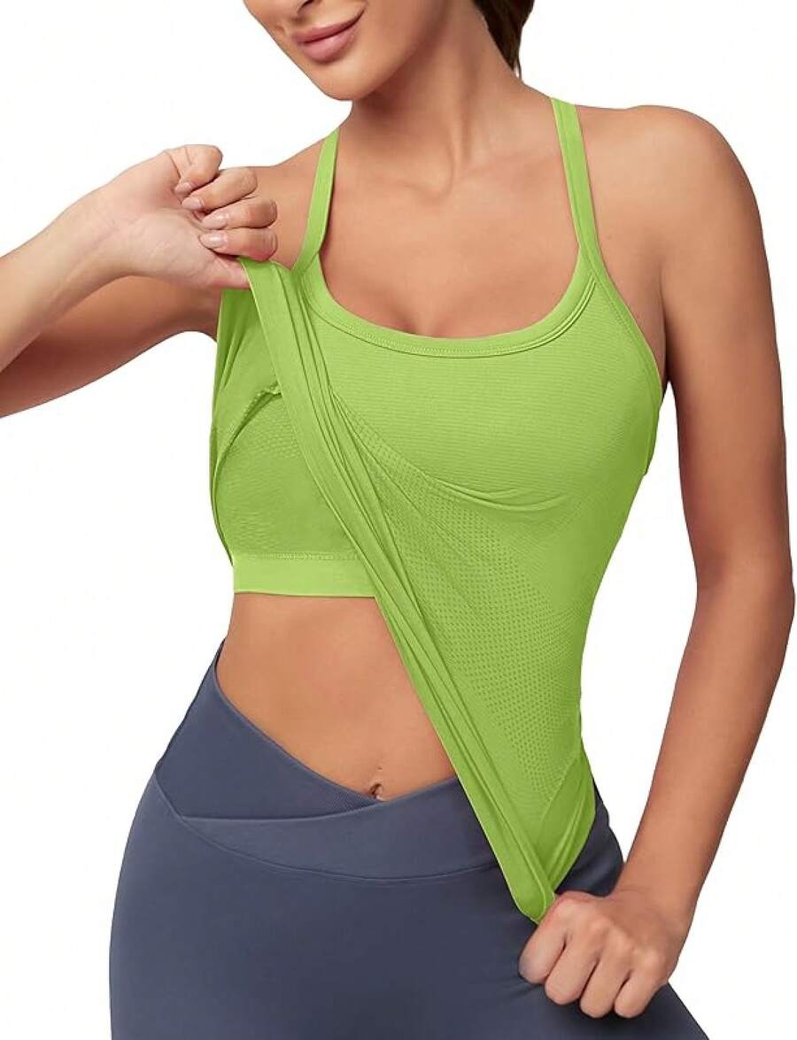 Workout Tops Women With Built In Bra, Sleeveless Gym Tops Seamless Racerback Athletic Yoga Shirts, Activewear - 萊姆 - 查看 1