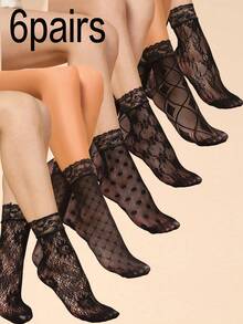6 Pairs Lace Patchwork Ankle Socks, Women Sexy Thin Short Socks