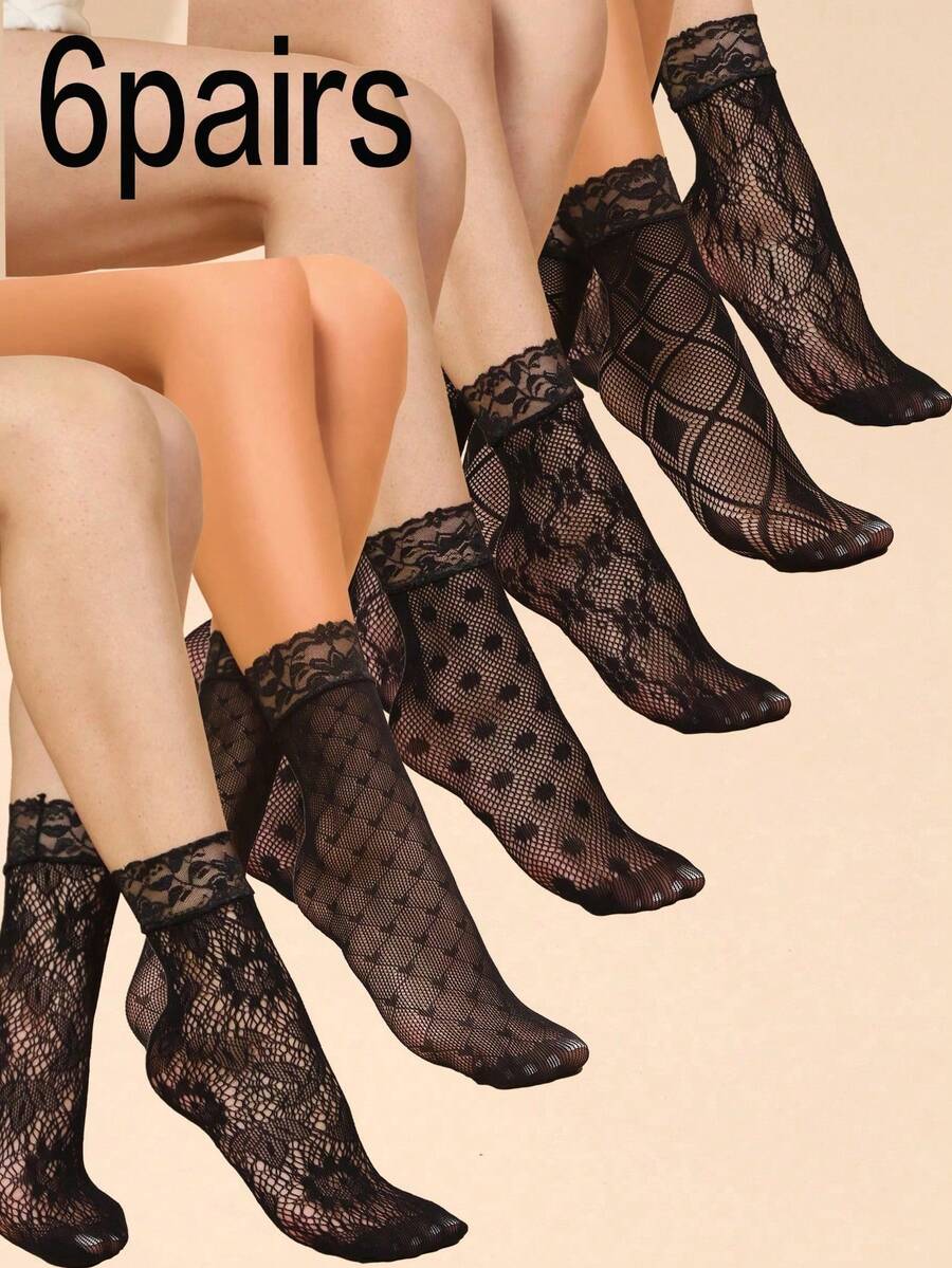 6 Pairs Lace Patchwork Ankle Socks, Women Sexy Thin Short Socks