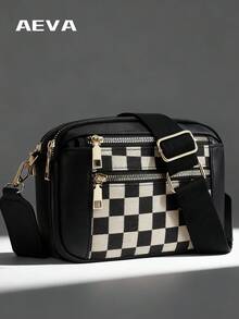 Black & White Plaid Patchwork, 5 Zipper Pockets, With Inner Pouch, Card Slots, Lightweight Compact Crossbody Bag, Elegant Retro Style, Adjustable Solid Black Wide Strap, Suitable For Shopping, Dating, College Classes - Black - View 11