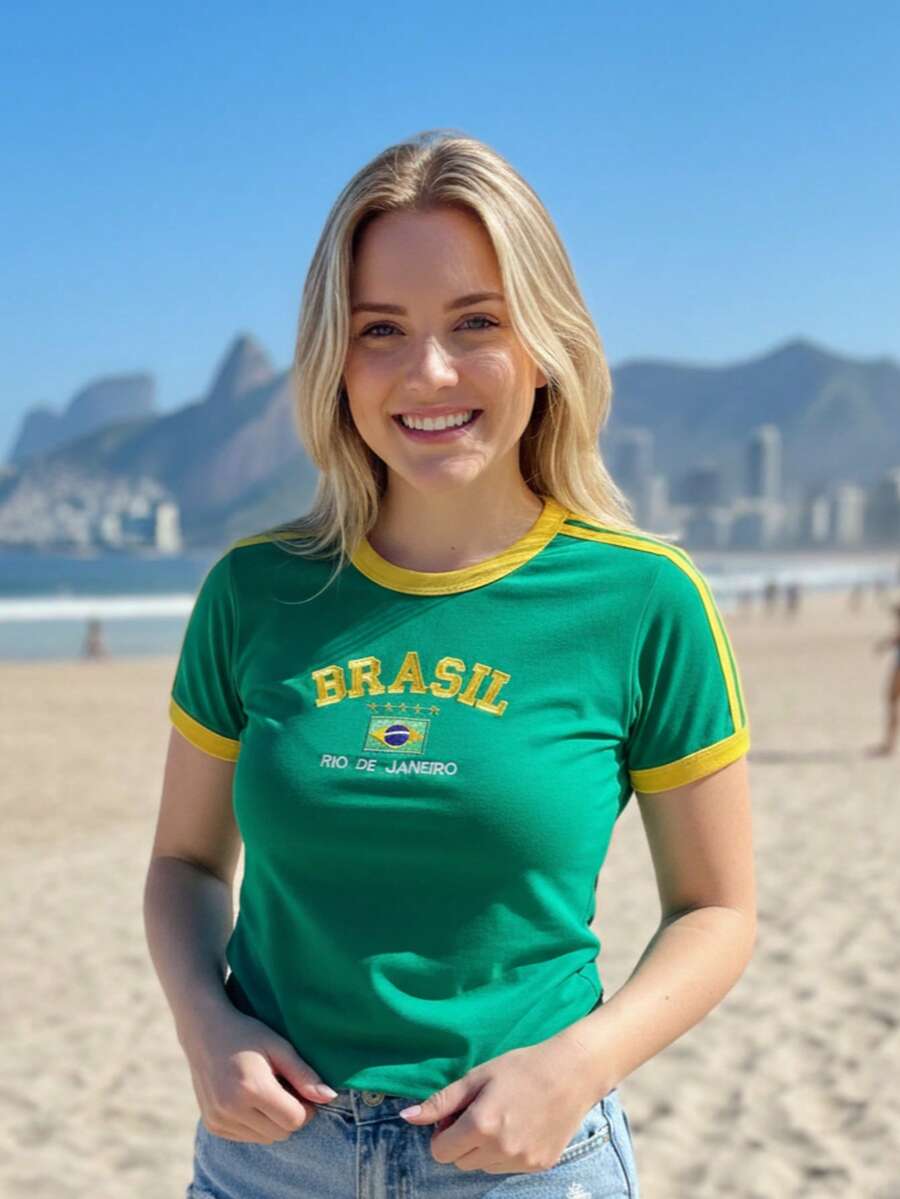 Baby Tee Brazil Retro Embroidered BabyLock Y2K Blouse - màu xanh lá - Xem 1
