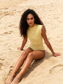 Strapless Bodysuit With Knot Detail, Simple Textured, Beach Vacation Style, Simple Textured Knit, Cable Knit, Beach Vacation Style. - 黃色 - 查看 3