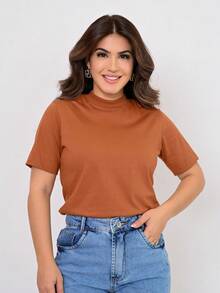Women's Cotton Funnel Neck T-Shirt With Short Sleeves, Regular Fit - Rỉ Nâu - Xem 2