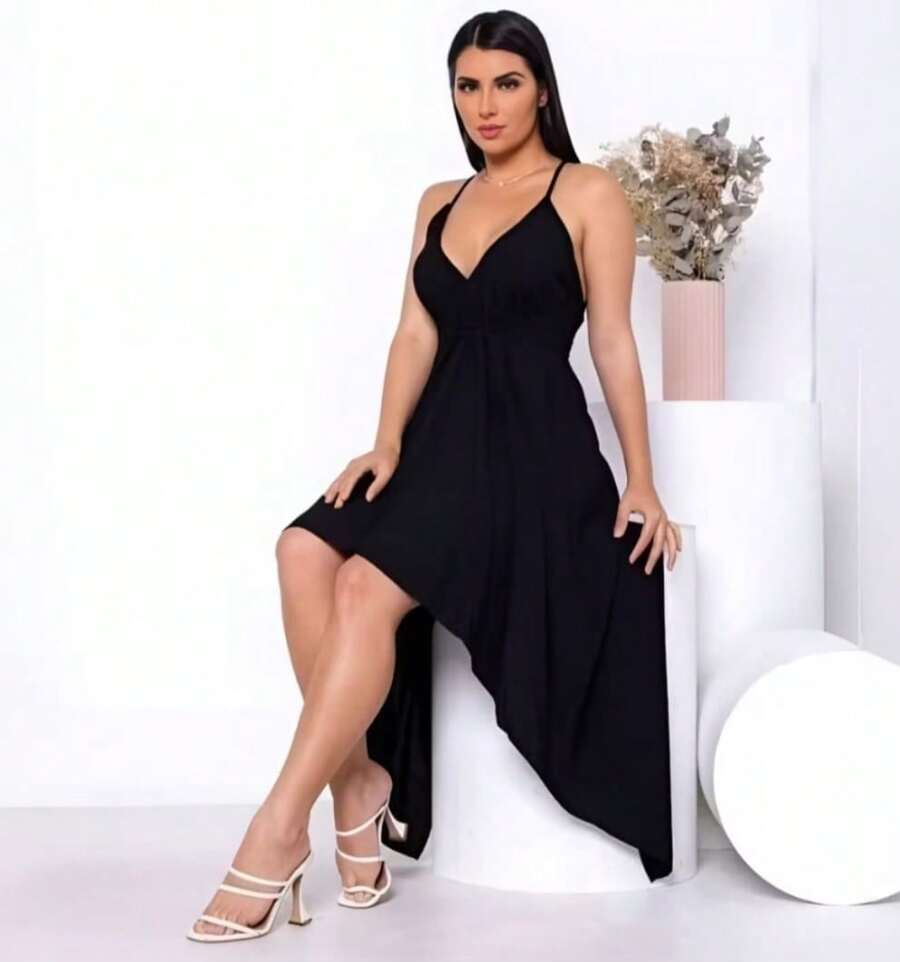 Women's Wrap Dress With Straps, Loose With V-Neck And Back, SOCIAL Simple, Knot, Backless, Asymmetrical, Beach, Holiday - màu đen - Xem 1