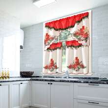 1 SET(3pcs/Set) Polyester Bamboo Fiber Decorative Small Curtains, Christmas Bird, Candle, Flower, Snowman Print, Ideal For Home Decor, Kitchen, Living Room, Bedroom, Bathroom, Villa, Wedding Party