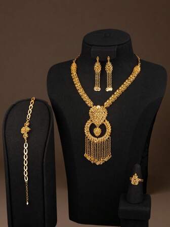 5 件优雅心形流苏项链，18K 镀金铜，香槟金，精致的法式浪漫迪拜风格时尚首饰套装，适合新娘、婚礼、情人节、周年纪念日、女士礼物