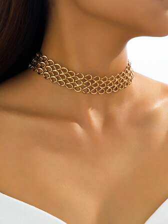 1pc Hollow Thick Handmade Metal Chain Necklace, Fashionable Retro Sexy Punk Style Elegant Exaggerated Wide Choker Necklace, Suitable For Women Daily, Party, Casual, Holiday Wear