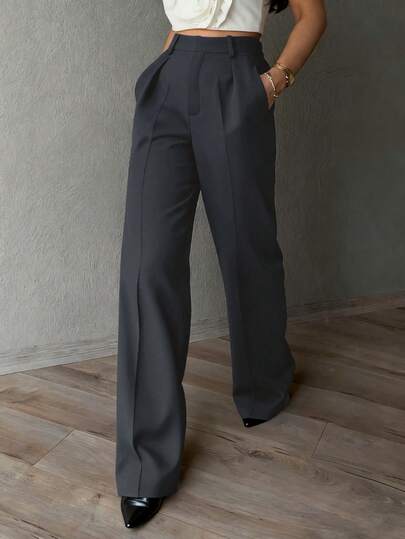 女士纯色休闲优雅通勤简约直筒裤，适合日常穿着、通勤和办公室