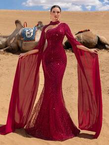 Faeriesty 奢华珠饰亮片晚礼服，超长袖鱼尾裙摆设计，完美适用于红毯活动、奢华婚礼、私人派对或星空之夜派对，亦可作为圣诞节派对的配套服装，尽显优雅气质。 - 酒紅色 - 查看 2