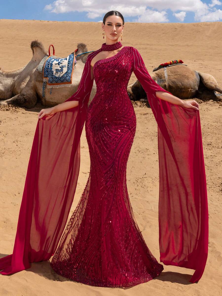 Faeriesty 奢华珠饰亮片晚礼服，超长袖鱼尾裙摆设计，完美适用于红毯活动、奢华婚礼、私人派对或星空之夜派对，亦可作为圣诞节派对的配套服装，尽显优雅气质。