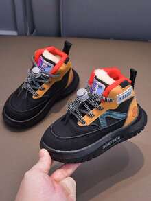 1 Pair Children's High-Top Leather Waterproof Casual Sports Shoes, Boys/Girls Warm Plush Outdoor Student Boots, Snow Boots