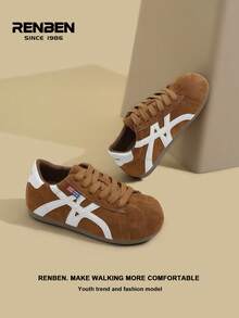 RENBEN 1 Paar Damen Retro Stil Schnürschu he, Beige & Farbblock, Neuheiten Herbst/Winter 2025, versteckter Keilabsatz, leichte weiche Sohle, sportliches Design, geeignet für Studenten und Rennen