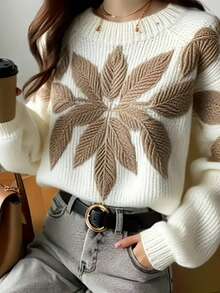 Women's Polyester Long Sleeve Ribbed Knit Pullover Sweater With Leaf Pattern Detail, Regular Length, Suitable For Everyday Wear - White - View 1