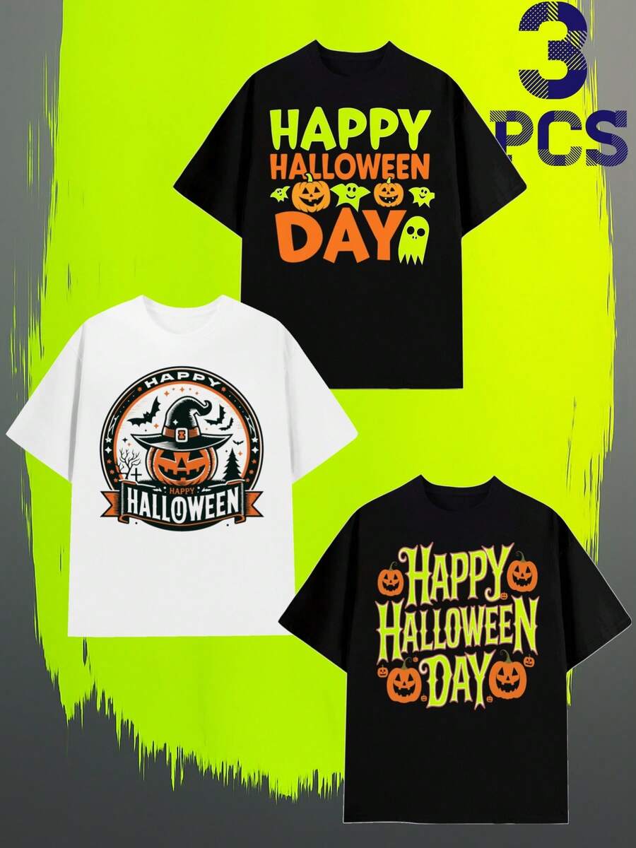 Creative Printing Pattern 3 Pack Pc Pieces Set Piece Halloween T Shirtsfunny T Shirts Mens 180G White Black Spring And Summer Clothing Nurse Vintage Sport Halloween Large Dancing Skeleton Summer Selection 3d Vintage Day Of The Dead - 黑色 - 查看 1