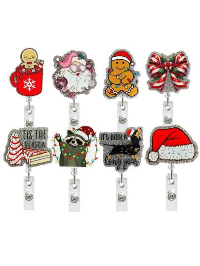 1pc Christmas Hat Retractable Badge Holder Christmas Bows Retractable Badge Reels Winter Cute Glitter Name Tag Acrylic Alligator Clip Xmas Bow ID Badge Holder For Nurse Work RN Student Teacher Women