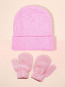 2 pezzi/set Guanti senza dita lavorati a maglia tinta unita + Cappello lavorato a maglia tinta unita per bambini, Set berretto invernale casual antivento e caldo per bambini e bambine per uso esterno - Cappello lavorato a maglia + guanti - Visualizzare 14