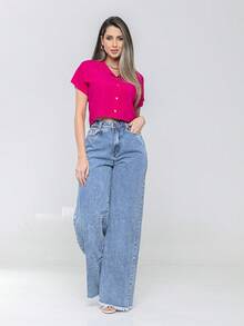 Women's Shirt Blouse Buttons Viscose Fresh Summer Comfortable Style Best Quality - 玫紅色 - 查看 4