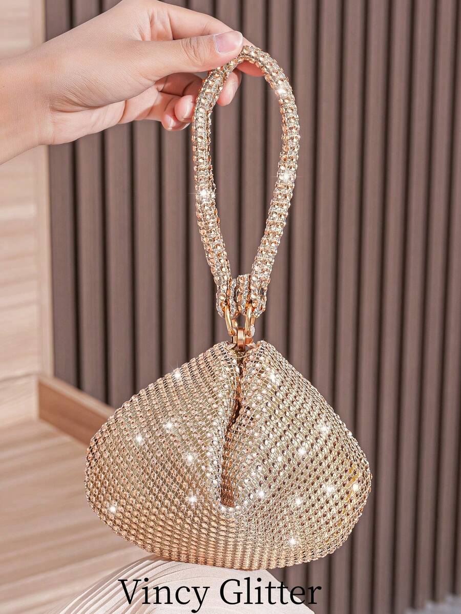 Túi cầm tay mini đính đá trang trí, túi xách thanh lịch dành cho nữ, thích hợp cho tiệc tùng, sự kiện, sử dụng hàng ngày, hẹn hò, mua sắm, có thể dùng làm ví đựng tiền xu, túi xách thời trang - Rượu sâm banh - Xem 1