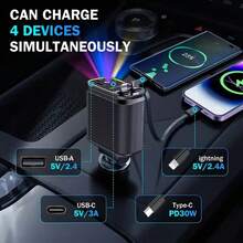 W&O Bộ sạc ô tô nhanh 4 trong 1 có thể thu vào với máy chiếu hình ngôi sao, đèn trang trí ô tô linh hoạt, sạc tốc độ cao 66W, cáp dài 31,5 inch, 2 cổng USB, tương thích với điện thoại 15/14/13/12/11, Galaxy, Pixel và nhiều thiết bị thông minh khác, quà tặng cho người yêu xe, tương thích với iPhone, phụ kiện ô tô nữ, phụ kiện ô tô dành cho nữ, trang trí ô tô, phụ kiện nội thất ô tô, đồ dùng thiết yếu cho ô tô, đồ dùng phải có cho ô tô, phụ kiện xe tải, quà tặng Giáng sinh - bluelight - Xem 7