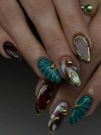 24 piezas de uñas postizas de gel con puntas francesas rojas de estilo otoñal, uñas Y2K de tamaño mediano con brillo geométrico, rayas, estampado de lámina dorada y puntos redondos con brillos de cristal, uñas acrílicas reutilizables con 24 piezas de pestañas de gelatina y una lima mini incluidas