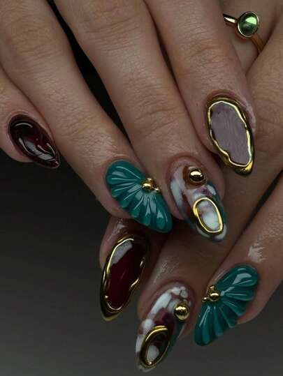 24 pezzi di unghie gel rosse a mandorla con punta francese per l'autunno, unghie Y2K di media grandezza con glitter, motivo geometrico a strisce, stampa dorata a pois rotondi e decorazioni 3D con brillantini, unghie acriliche riutilizzabili finte, con 24 pezzi di linguette in gel e una mini lima inclusi