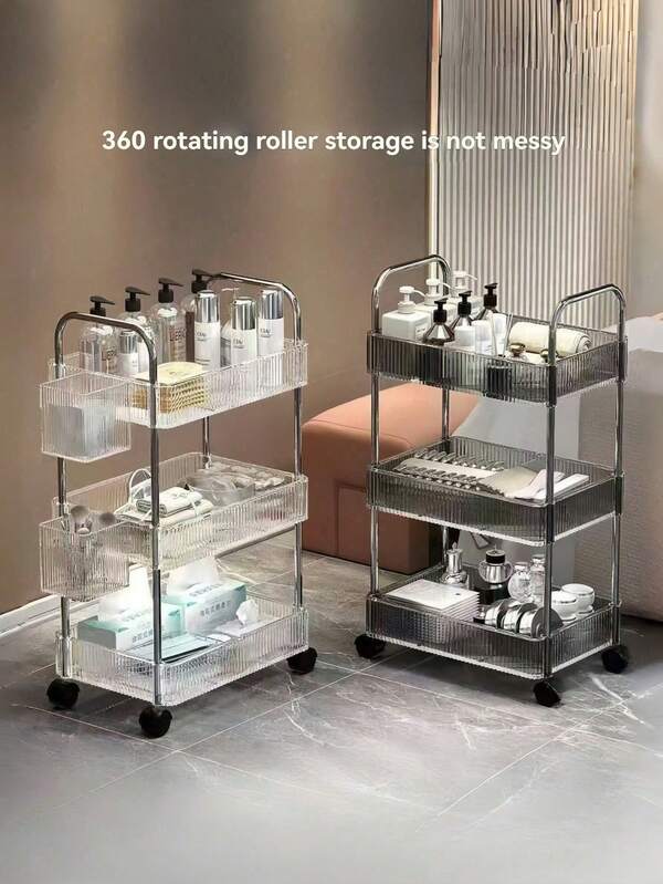 1pc Acrylic Small Cart, Transparent Mobile Makeup Storage Rack For Home Use, Large Capacity Multi-Function Bathroom Organization Display Shelf, Bathroom Accessories, Makeup Organizer Rolling Cart, Mobile Rack For Office, Bathroom, Kitchen And Living Room (Upgraded Material, Wider And Thicker)