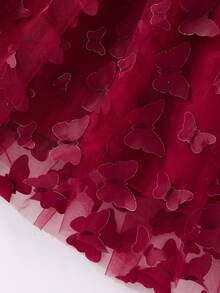 Young Girl' Burgundy Ribbed Cap Sleeve 3D Butterfly Mesh Elegant Dress With Belt, Suitable For Christmas Party - Burgundy - View 5