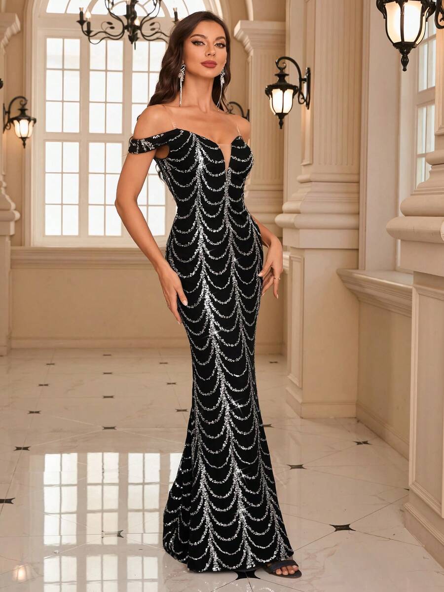 UNITHORSE [Randomly Cut] Heavily Sequined Off Shoulder Formal Dress - Black - View 1