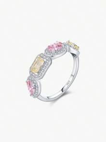 Anillo de plata de ley 925 MODIAN de lujo con rectángulo rosa y amarillo, anillo de eternidad exquisito con cubo de azúcar para mujer, joyería fina - Plateado - Ver 10