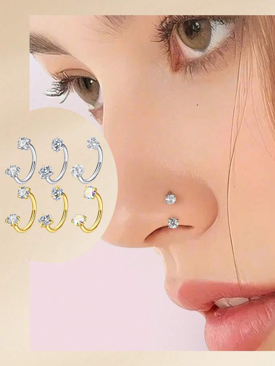 Funky Stainless Steel Heart Cubic Zirconia Nose Rings Horseshoe Nose Rings, Silver Gold Internally Threaded Nose Rings Nose Hoop Rings Horse Shoe Daith Tragus Earring Lip Septum Rings Helix Piercing Jewelry For Women Men For Daily Decoration