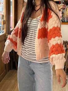 Women Chunky Cardigan Lantern Sleeve Open Front Sweaters Loose Cable Knit Oversized Cardigans Outwear Coats - Orange - View 3