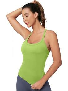 Workout Tops Women With Built In Bra, Sleeveless Gym Tops Seamless Racerback Athletic Yoga Shirts, Activewear - 萊姆 - 查看 5