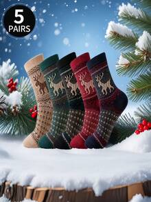 5 Pairs Women's Bohemian Style Christmas Mid-Calf Socks, Suitable For Outdoor, Sports, Home, Office Everyday Wear, Autumn/Winter