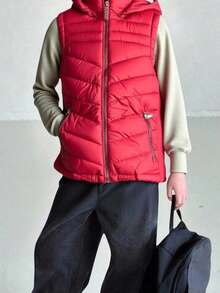 Chaleco Ligero Para Niño Con Capucha Desmontable Con Forro Por Dentro  y Bolsillos Funcionales, Perfecto Para Actividades Al Aire Libre En Otoño-Invierno - Rojo - Ver 3