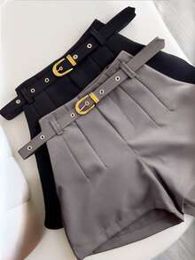 Women's Tailored Shorts With Belt And Pocket - 灰色 - 查看 1