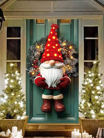 1pc Festive Christmas Gnome Door Wreath, Door Banner,Polyester Material, No Electricity Needed, Indoor/Outdoor Holiday Wall Decor For Home & Party