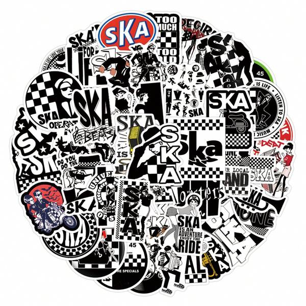 55pcs Ska Music Theme Stickers - Cartoon Stickers Made Of Synthetic Paper, Suitable For Notebooks, Skateboards, Water Bottles; Reusable, Self-Adhesive, Asymmetrical Shapes, Compatible With Glass Surfaces, Suitable For Teenagers And Adults 14+ Years Old