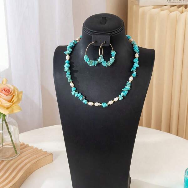 1 Set Refreshing Asymmetrical Stone Shaped Necklace, Earrings, Bracelet 3-Piece Jewelry Set, Delicate Accessories For Vacation Wear